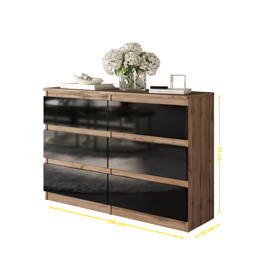 GABRIEL - Komoda s 6 zásuvkami - Skrinka na oblečenie do spálne - Dub Wotan / Čierny lesk - V71cm Š100cm H33cm (2)