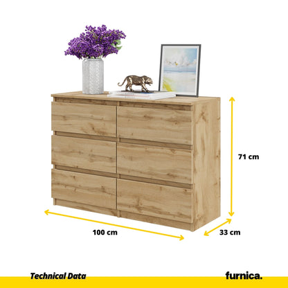 GABRIEL - Komoda s 6 zásuvkami - Skrinka na oblečenie do spálne - úložný kabinet - Wotan dub H71cm Š100cm H33cm (2) – Furnica