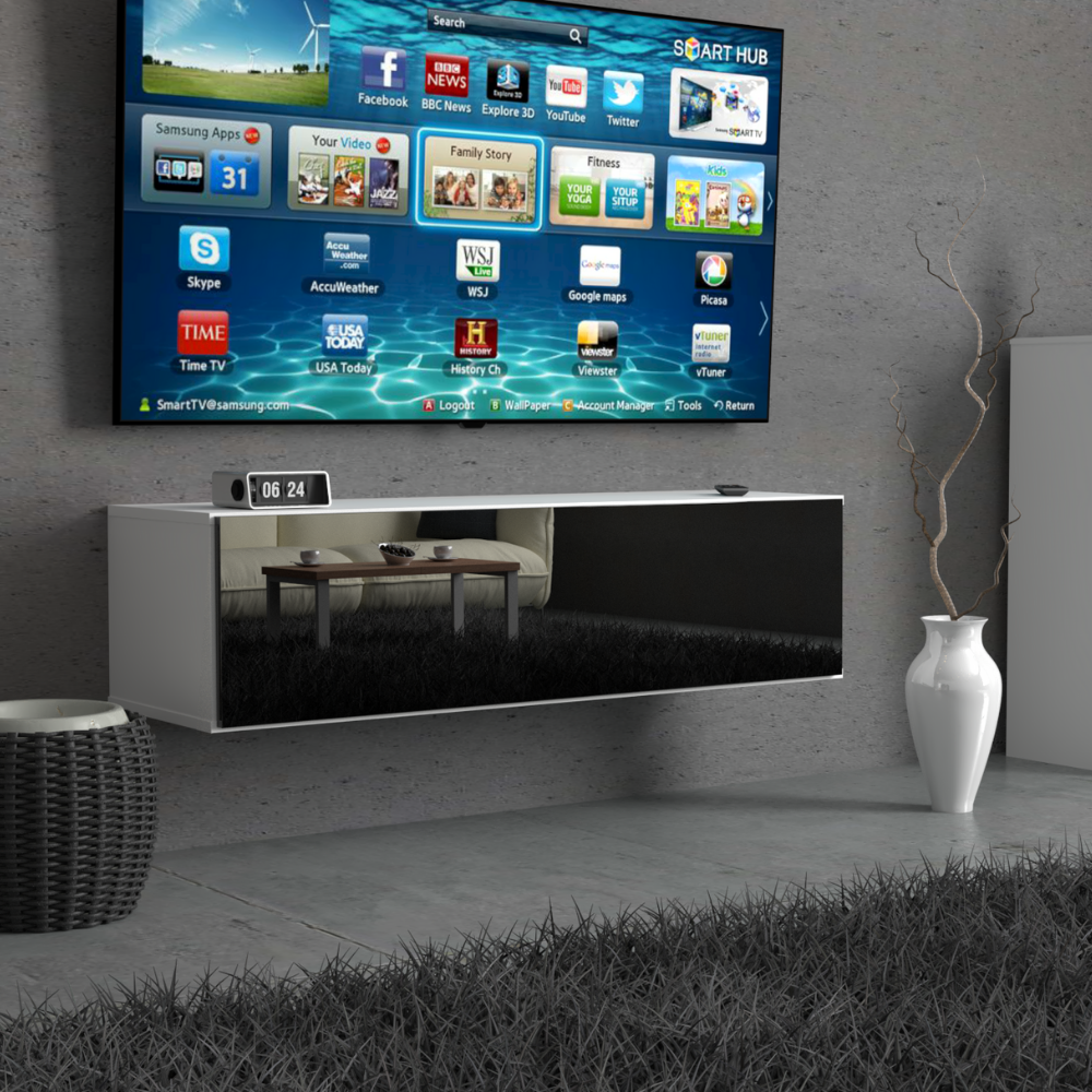 NICOLE - TV stolík s širokými dverami H38cm W140cm D35cm - biely / čierny lesk