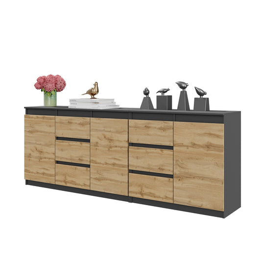 MIKEL - Komoda s 6 zásuvkami a 3 dverami - Skrinka na oblečenie do spálne - Anthracit / Wotan dub H75cm W200cm D35cm