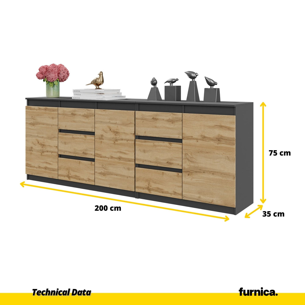 MIKEL - Komoda s 6 zásuvkami a 3 dverami - Skrinka na oblečenie do spálne - Antracit / Wotan dub H75cm W200cm D35cm (2)