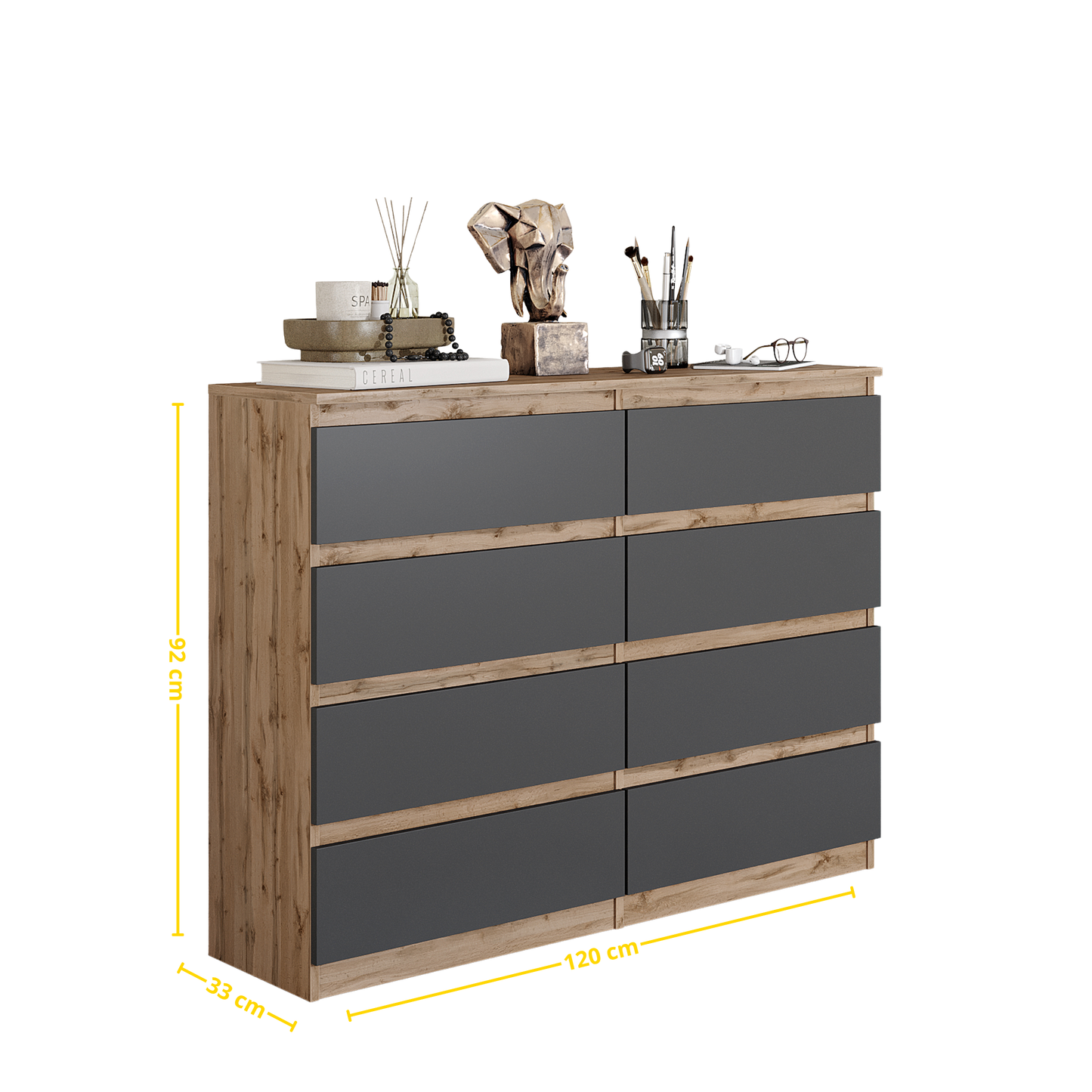 GABRIEL - Komoda s 8 zásuvkami - Skrinka na oblečenie do spálne - Dub Wotan / Antracit - V92cm Š120cm H33cm (2)