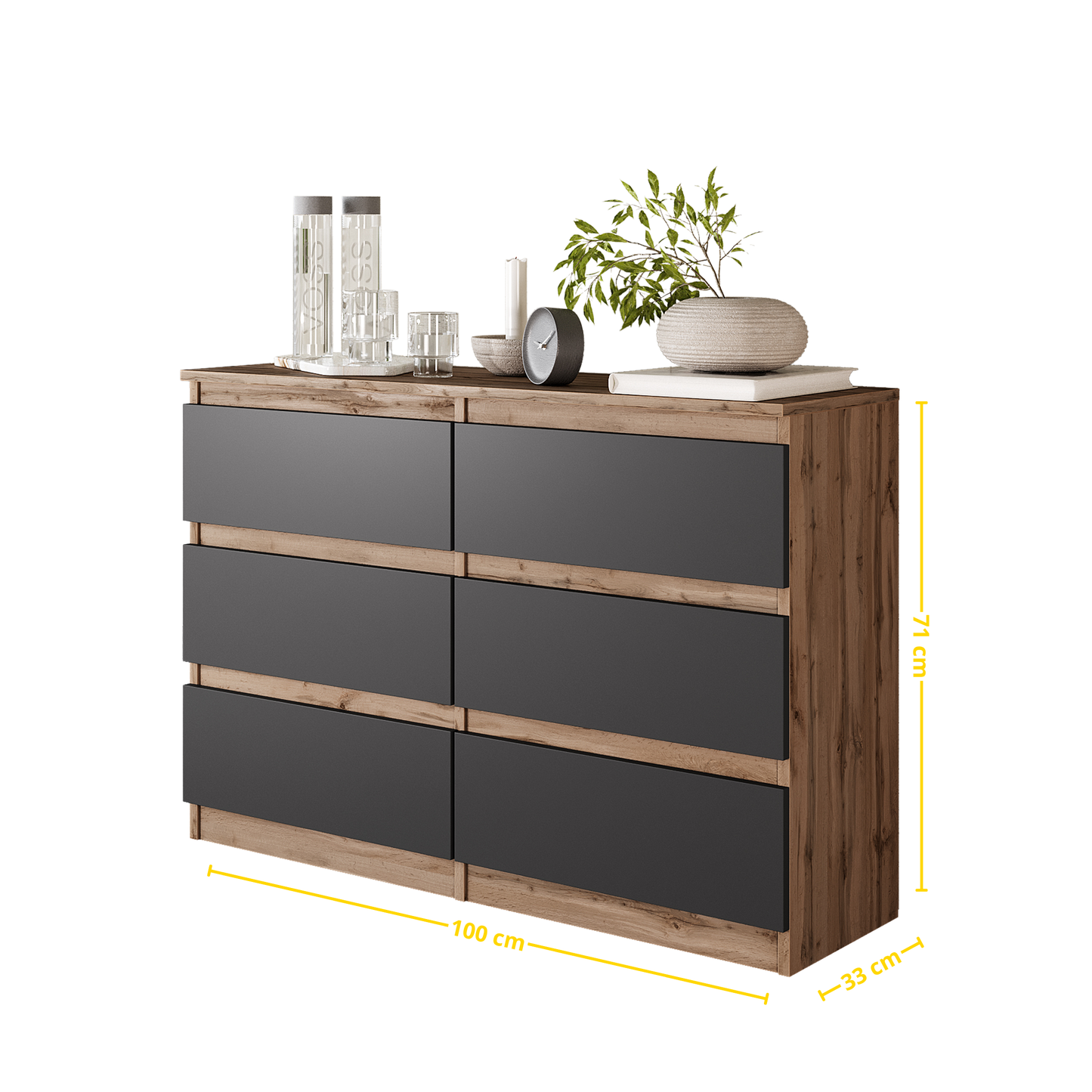 GABRIEL - Komoda s 6 zásuvkami - Skrinka na oblečenie do spálne - Dub Wotan / Antracit - V71cm Š100cm H33cm (2)