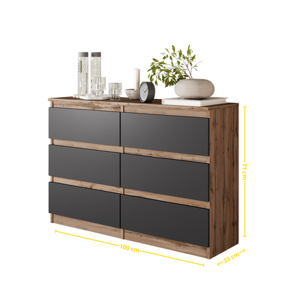 GABRIEL - Komoda s 6 zásuvkami - Skrinka na oblečenie do spálne - Dub Wotan / Antracit - V71cm Š100cm H33cm (2)