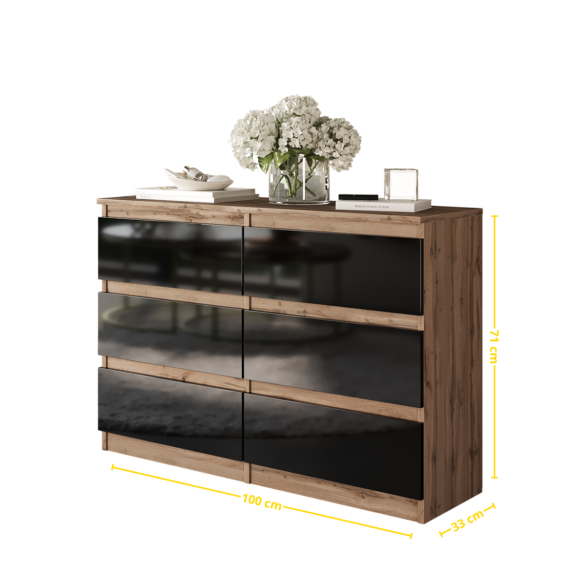 GABRIEL - Komoda s 6 zásuvkami - Skrinka na oblečenie do spálne - Dub Wotan / Čierny lesk - V71cm Š100cm H33cm (2)