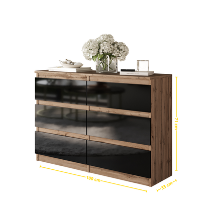 GABRIEL - Komoda s 6 zásuvkami - Skrinka na oblečenie do spálne - Dub Wotan / Čierny lesk - V71cm Š100cm H33cm (2)