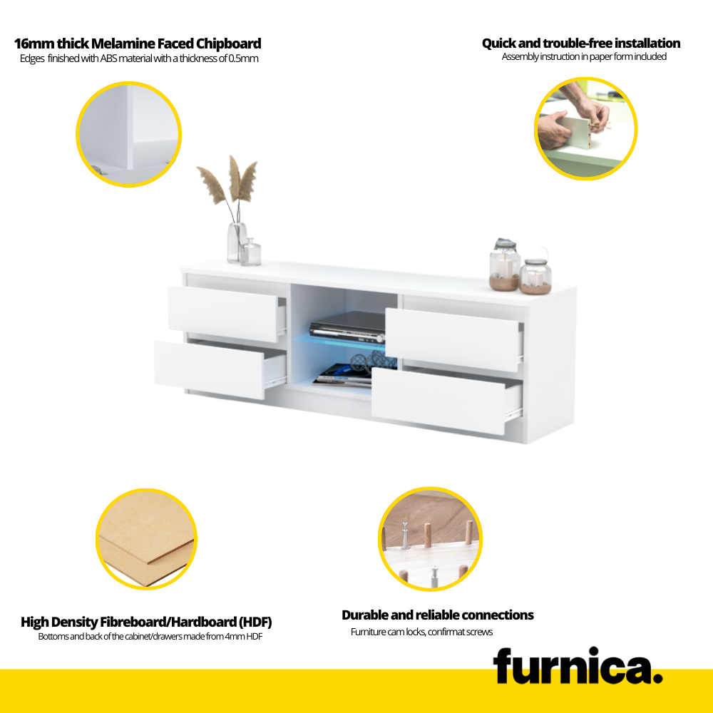 MARCO - TV stolík s 4 zásuvkami a 1 sklenenou poličkou - V45cm Š120cm H35cm - Biela matná / Biela lesklá