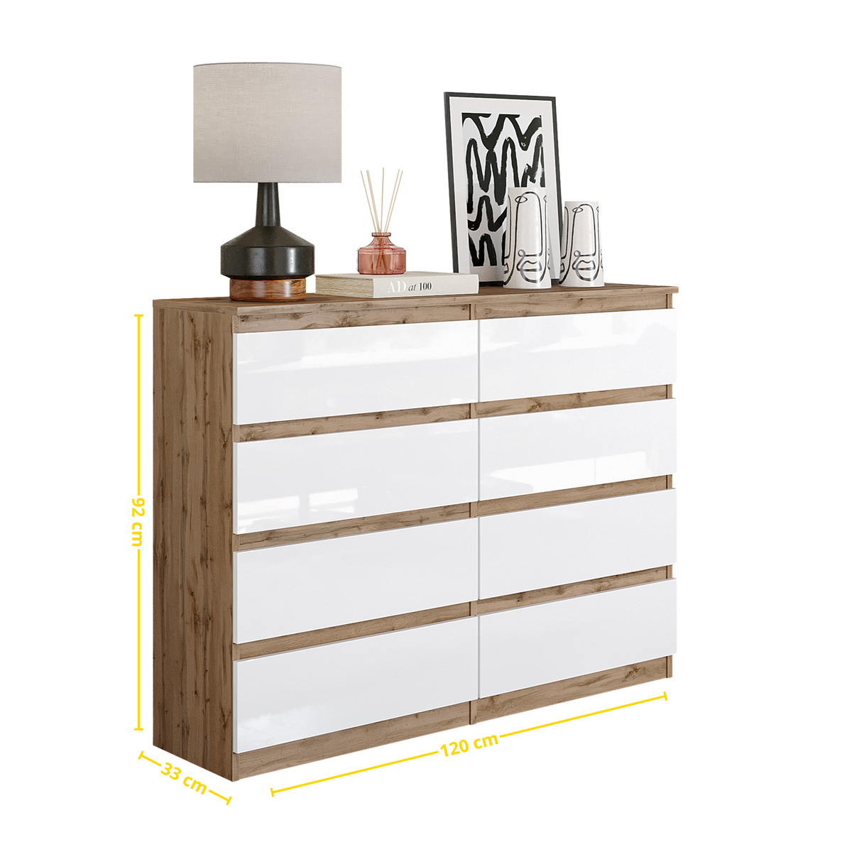GABRIEL - Komoda s 8 zásuvkami - Skrinka na oblečenie do spálne - Dub Wotan / Biely lesk - V92cm Š120cm H33cm (2)