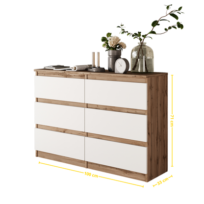 GABRIEL - Komoda s 6 zásuvkami - Skrinka na oblečenie do spálne - Dub Wotan / Biela matná - V71cm Š100cm H33cm (2)