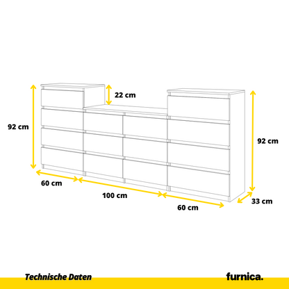GABRIEL - Komoda s 14 zásuvkami (4+6+4) - Skrinka na oblečenie do spálne - Biela matná / Antracit - V92/70cm Š220cm H33cm (6)