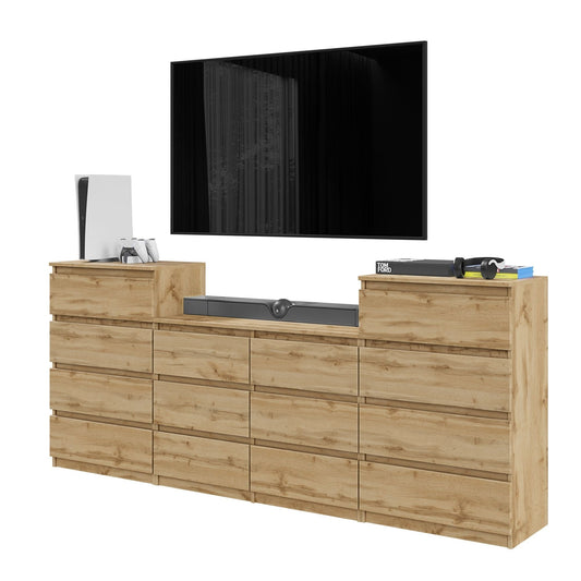 GABRIEL - Komoda s 14 zásuvkami (4+6+4) - Skrinka na oblečenie do spálne - úložný kabinet - Wotan dub H92cm W220cm D33cm