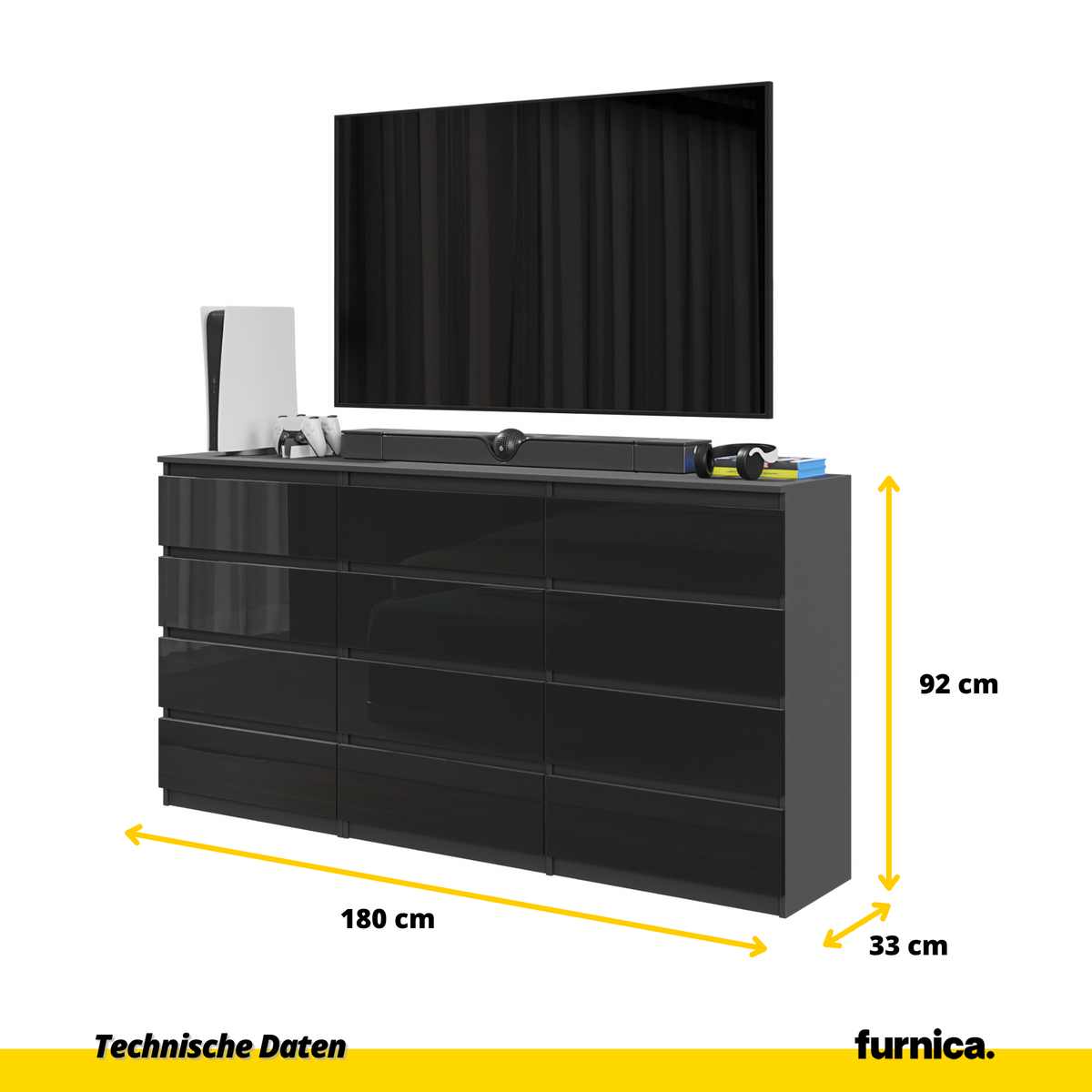 GABRIEL - Komoda s 12 zásuvkami (8+4) - Skrinka na oblečenie do spálne - Antracit / Čierny lesk - V92cm Š180cm H33cm (2)