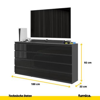 GABRIEL - Komoda s 12 zásuvkami (8+4) - Skrinka na oblečenie do spálne - Antracit / Čierny lesk - V92cm Š180cm H33cm (2)