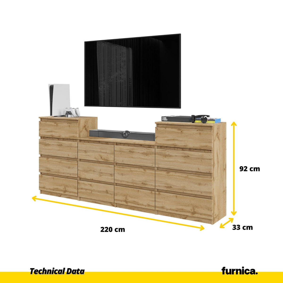 GABRIEL - Komoda s 14 zásuvkami (4+6+4) - Skrinka na oblečenie do spálne - úložný kabinet - Wotan dub H92cm W220cm D33cm (2)