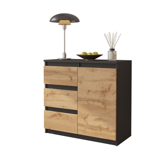 MIKEL - Komoda s 3 zásuvkami a 1 dverami - Skrinka na oblečenie do spálne - Antracit / Wotan dub H75cm W80cm D35cm – Furnica