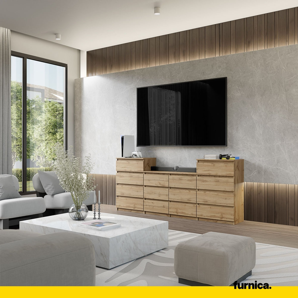 GABRIEL - Komoda s 14 zásuvkami (4+6+4) - Skrinka na oblečenie do spálne - úložný kabinet - Wotan dub H92cm W220cm D33cm (3)