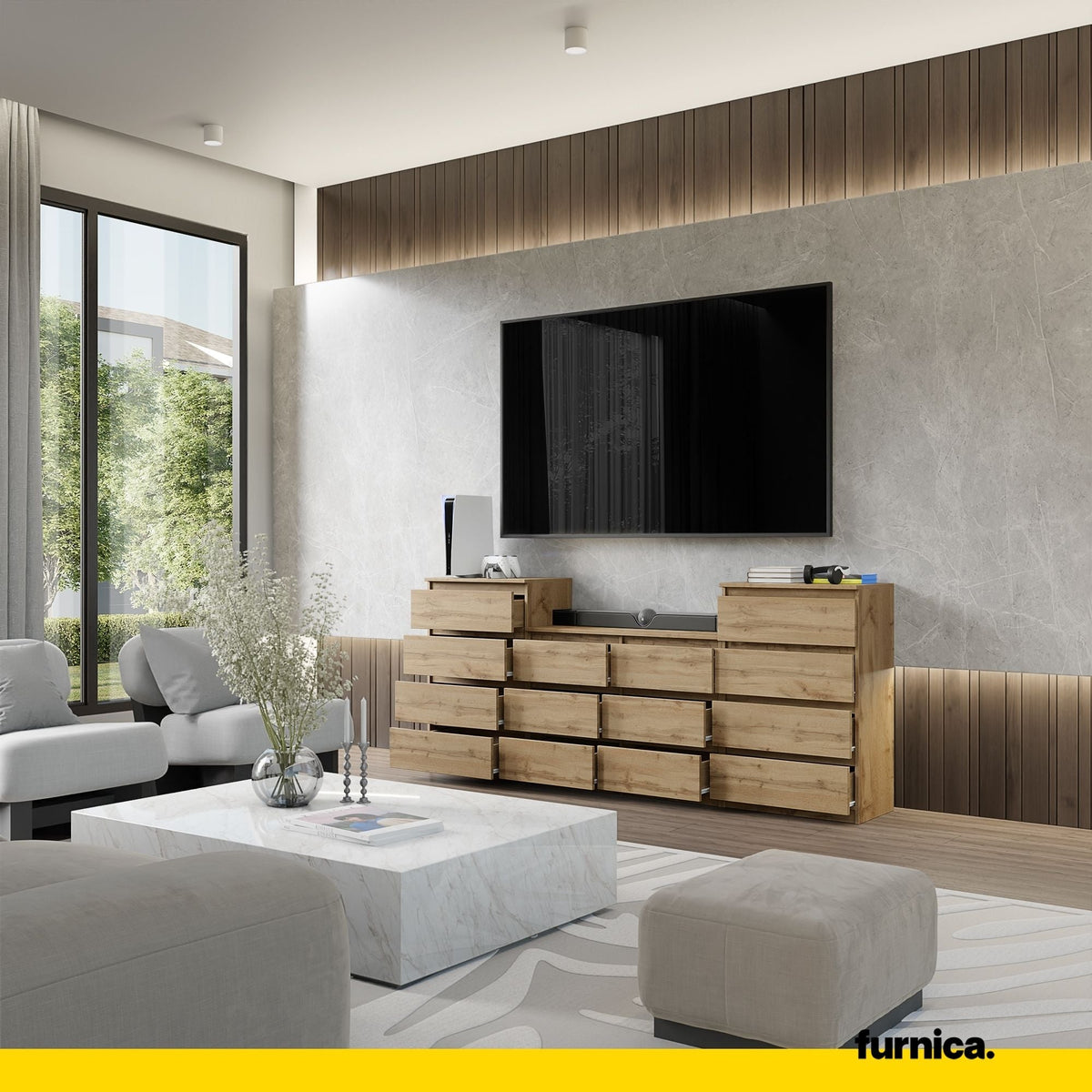 GABRIEL - Komoda s 14 zásuvkami (4+6+4) - Skrinka na oblečenie do spálne - úložný kabinet - Wotan dub H92cm W220cm D33cm (4)