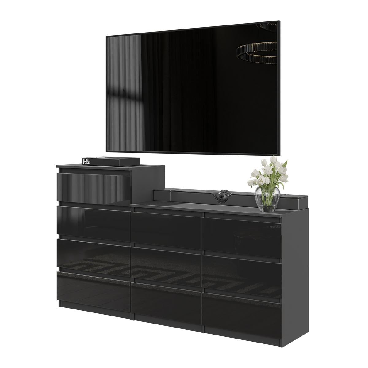 GABRIEL - Komoda s 10 zásuvkami (6+4) - Skrinka na oblečenie do spálne - Antracit / Čierny lesk - V92/70cm Š160cm H33cm