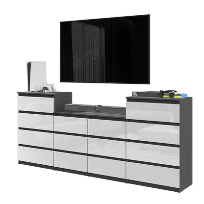 GABRIEL - Komoda s 14 zásuvkami (4+6+4) - Skrinka na oblečenie do spálne - Antracit / Biely lesk - V92/70cm Š220cm H33cm