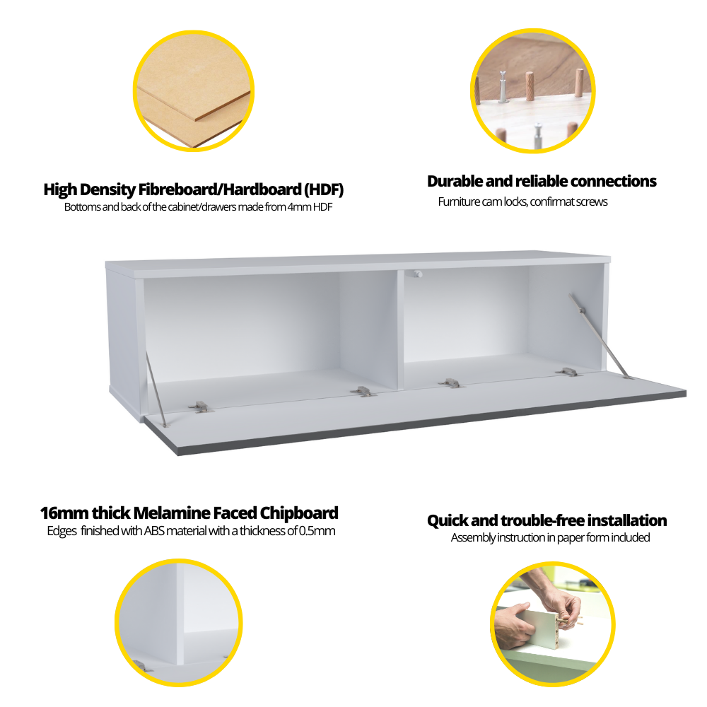 NICOLE - TV stolík s širokými dverami H38cm W140cm D35cm - biely / antracitový lesk