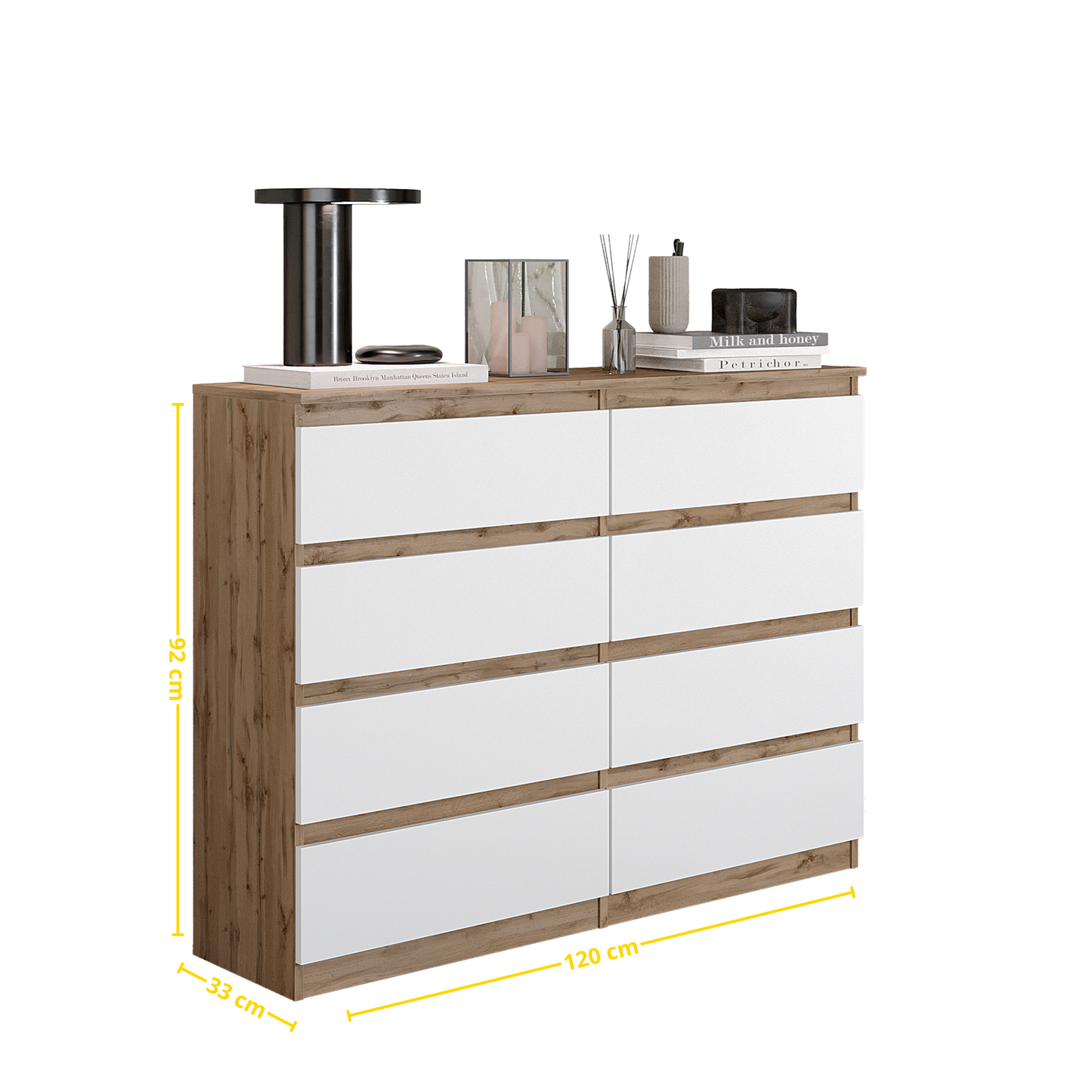 GABRIEL - Komoda s 8 zásuvkami - Skrinka na oblečenie do spálne - Dub Wotan / Biela matná - V92cm Š120cm H33cm (2)