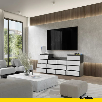 GABRIEL - Komoda s 14 zásuvkami (4+6+4) - Skrinka na oblečenie do spálne - Antracit / Biely lesk - V92/70cm Š220cm H33cm (4)