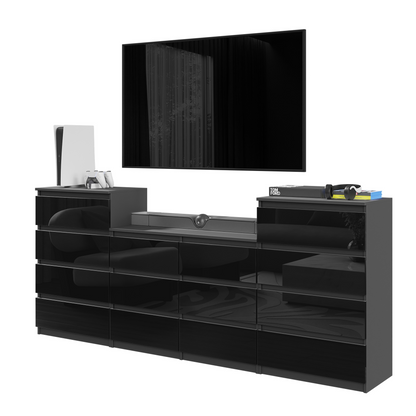 GABRIEL - Komoda s 14 zásuvkami (4+6+4) - Skrinka na oblečenie do spálne - Antracit / Čierny lesk - V92/70cm Š220cm H33cm