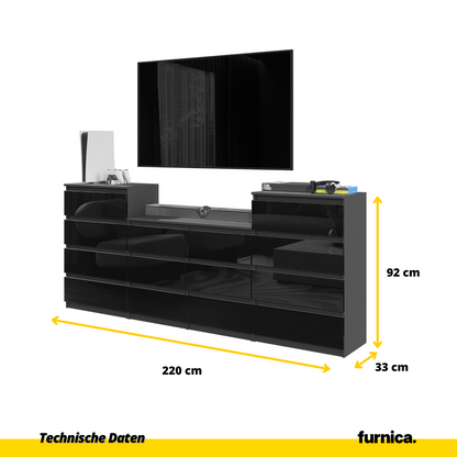 GABRIEL - Komoda s 14 zásuvkami (4+6+4) - Skrinka na oblečenie do spálne - Antracit / Čierny lesk - V92/70cm Š220cm H33cm (2)
