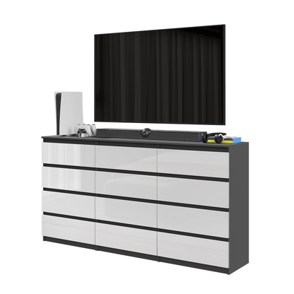 GABRIEL - Komoda s 12 zásuvkami (8+4) - Skrinka na oblečenie do spálne - Antracit / Biely lesk - V92cm Š180cm H33cm
