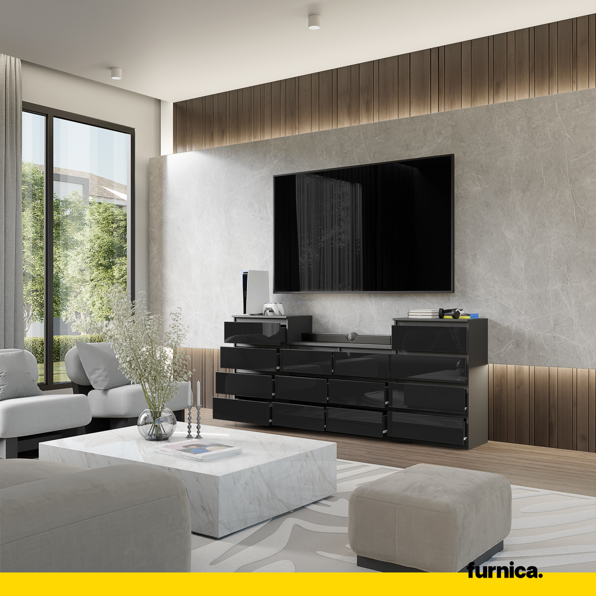 GABRIEL - Komoda s 14 zásuvkami (4+6+4) - Skrinka na oblečenie do spálne - Antracit / Čierny lesk - V92/70cm Š220cm H33cm (4)