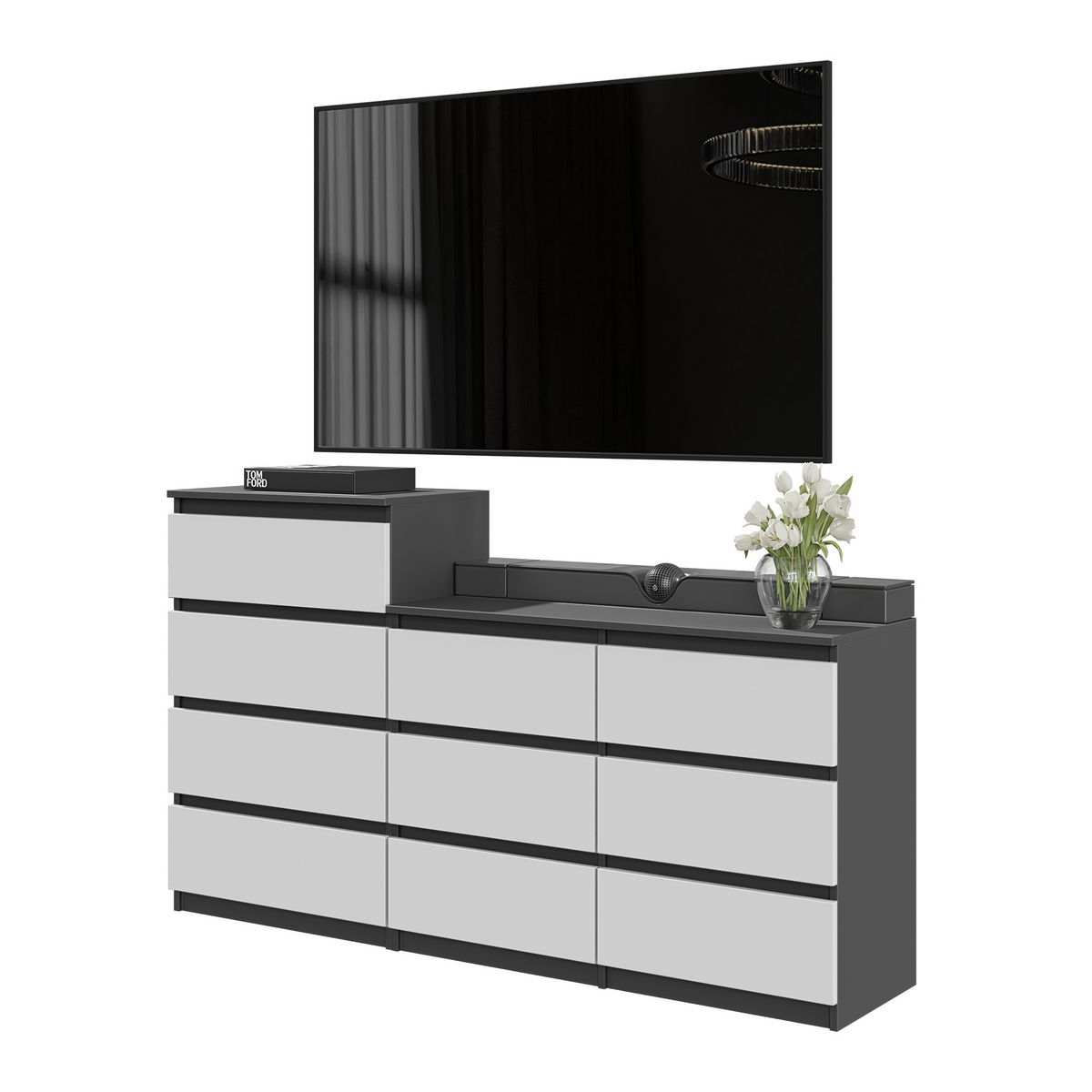 GABRIEL - Komoda s 10 zásuvkami (6+4) - Skrinka na oblečenie do spálne - Antracit / Biela matná - V92/70cm Š160cm H33cm