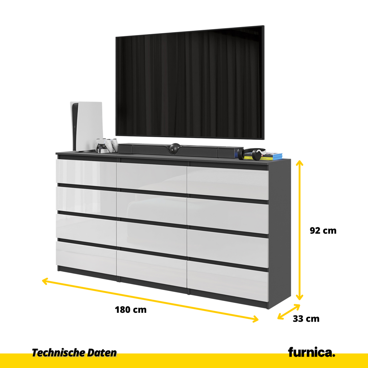 GABRIEL - Komoda s 12 zásuvkami (8+4) - Skrinka na oblečenie do spálne - Antracit / Biely lesk - V92cm Š180cm H33cm (2)