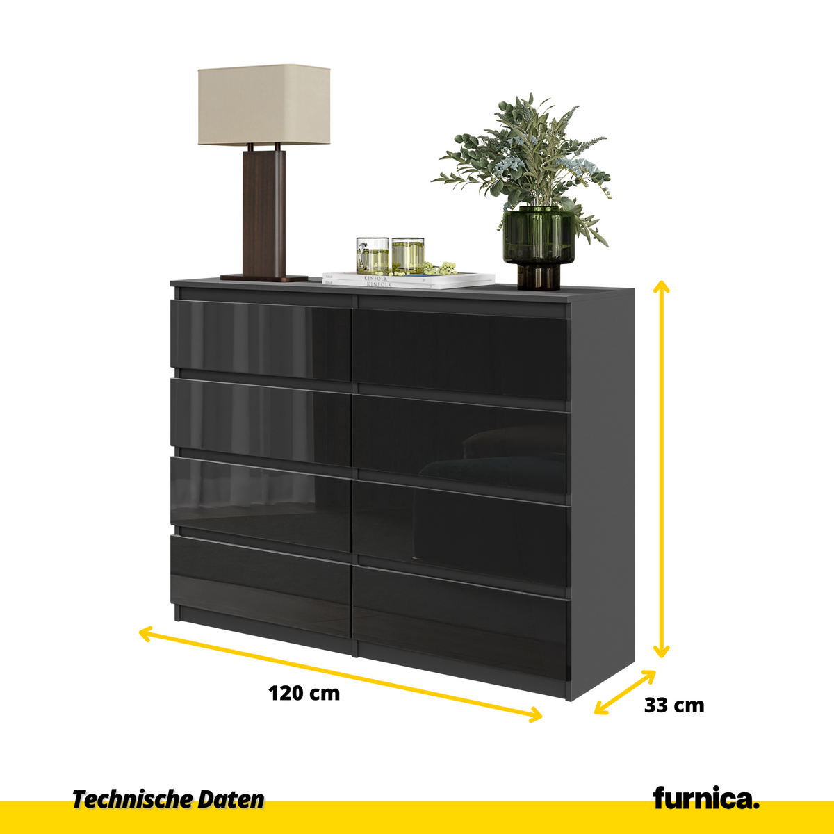 GABRIEL - Komoda s 8 zásuvkami - Skrinka na oblečenie do spálne - Antracit / Čierny lesk - V92cm Š120cm H33cm (5)
