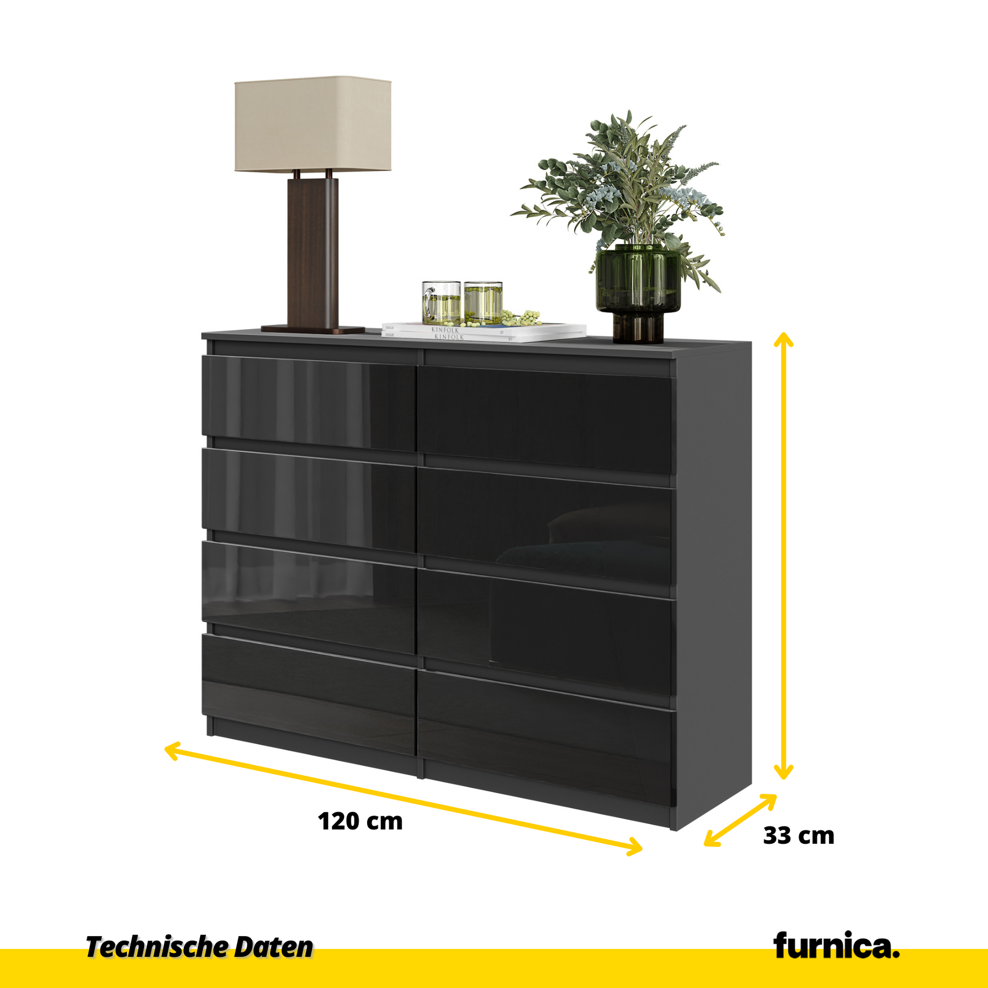 GABRIEL - Komoda s 8 zásuvkami - Skrinka na oblečenie do spálne - Antracit / Čierny lesk - V92cm Š120cm H33cm (5)