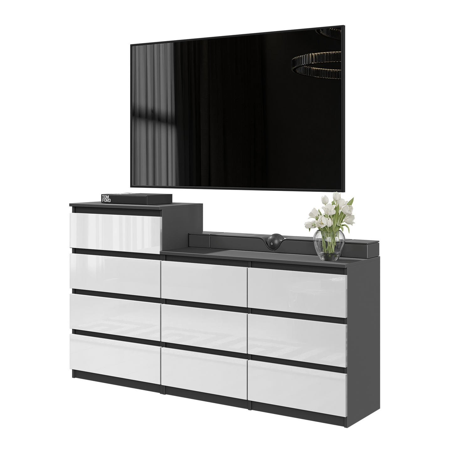 GABRIEL - Komoda s 10 zásuvkami (6+4) - Skrinka na oblečenie do spálne - Antracit / Biely lesk - V92/70cm Š160cm H33cm