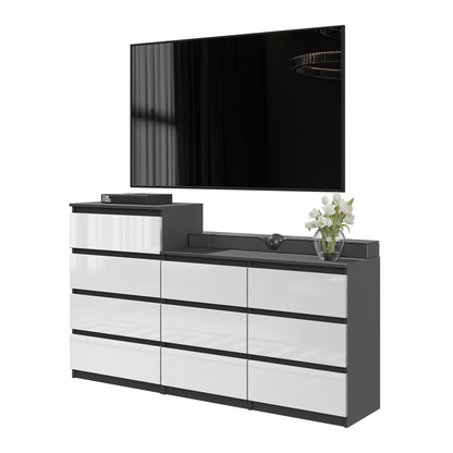 GABRIEL - Komoda s 10 zásuvkami (6+4) - Skrinka na oblečenie do spálne - Antracit / Biely lesk - V92/70cm Š160cm H33cm