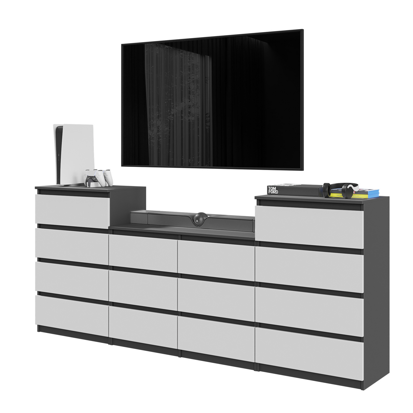 GABRIEL - Komoda s 14 zásuvkami (4+6+4) - Skrinka na oblečenie do spálne - Antracit / Biela matná - V92/70cm Š220cm H33cm