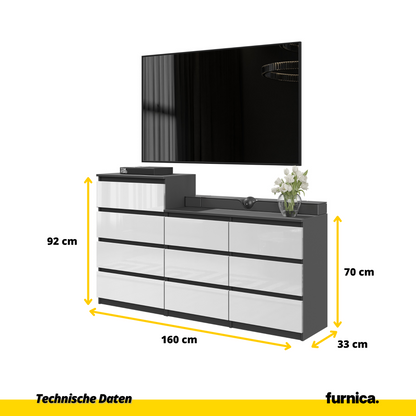 GABRIEL - Komoda s 10 zásuvkami (6+4) - Skrinka na oblečenie do spálne - Antracit / Biely lesk - V92/70cm Š160cm H33cm (2)