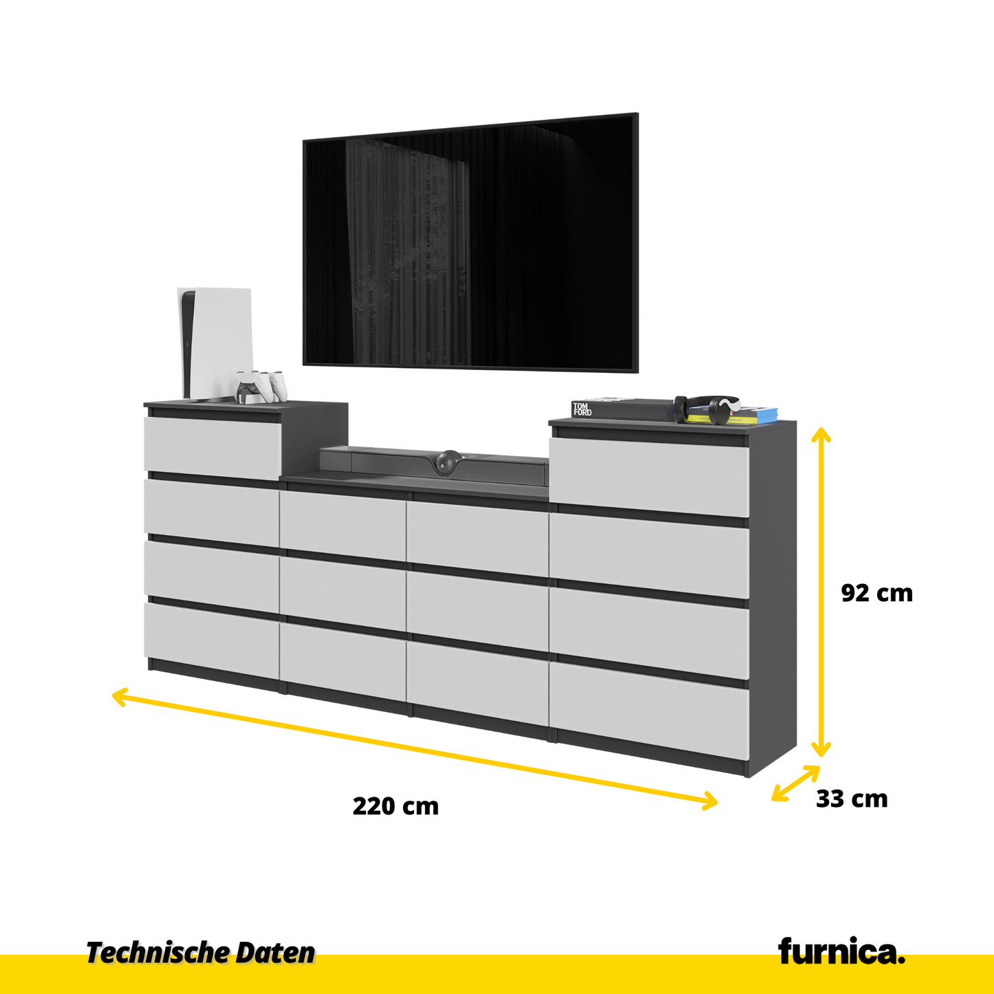 GABRIEL - Komoda s 14 zásuvkami (4+6+4) - Skrinka na oblečenie do spálne - Antracit / Biela matná - V92/70cm Š220cm H33cm (2)