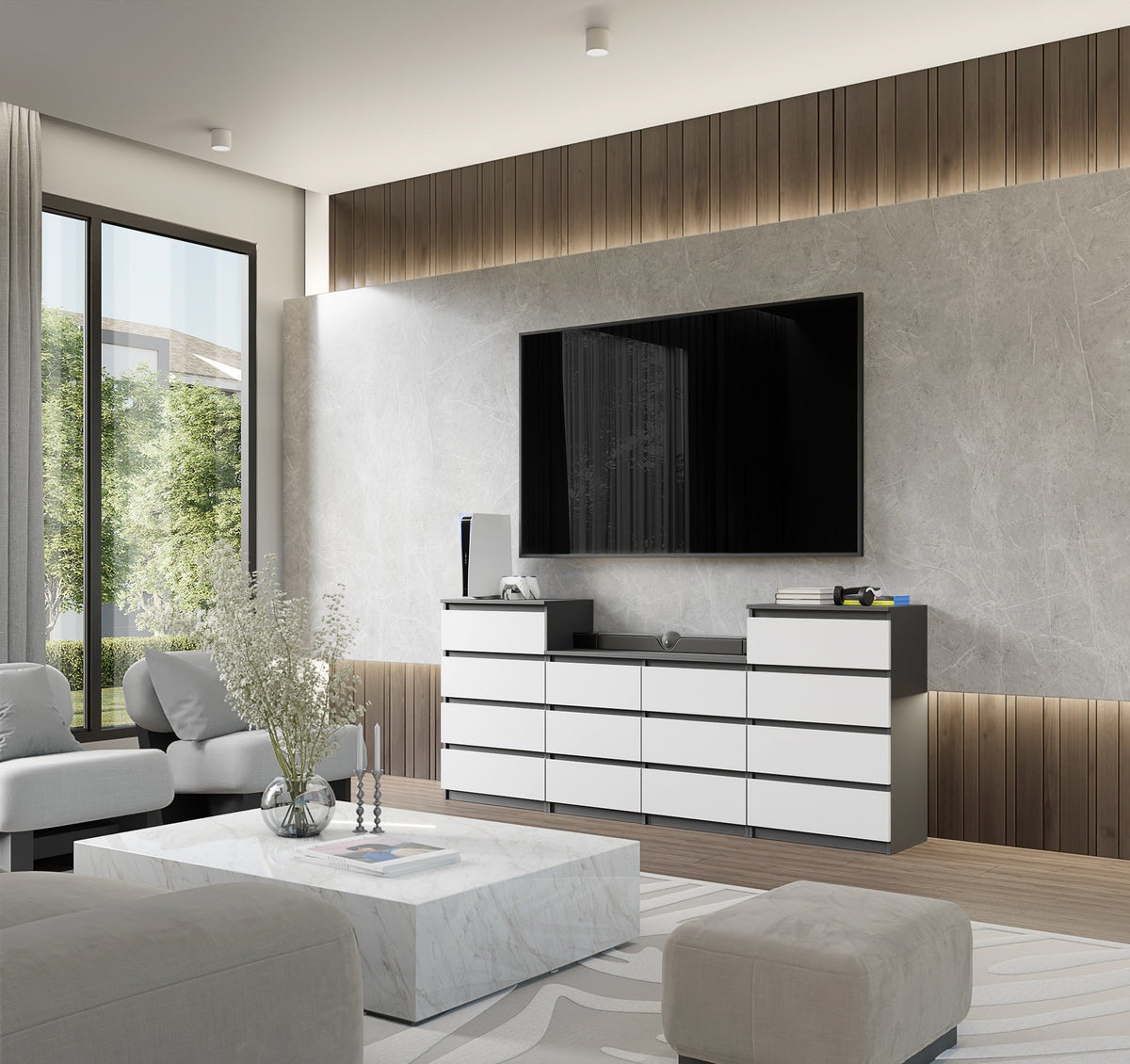 GABRIEL - Komoda s 14 zásuvkami (4+6+4) - Skrinka na oblečenie do spálne - Antracit / Biela matná - V92/70cm Š220cm H33cm (3)