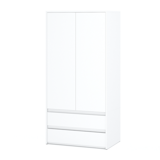 JOELLE - Skriňa s dvomi dverami a dvoma zásuvkami - Biela matná - Výška 180 cm, šírka 90 cm, hĺbka 50 cm. – Furnica