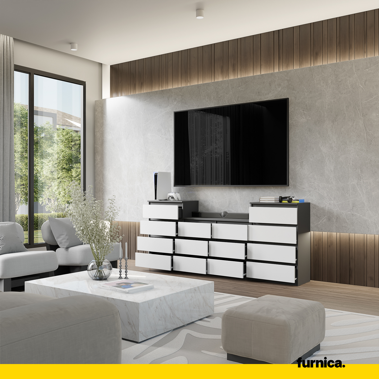 GABRIEL - Komoda s 14 zásuvkami (4+6+4) - Skrinka na oblečenie do spálne - Antracit / Biela matná - V92/70cm Š220cm H33cm (4)