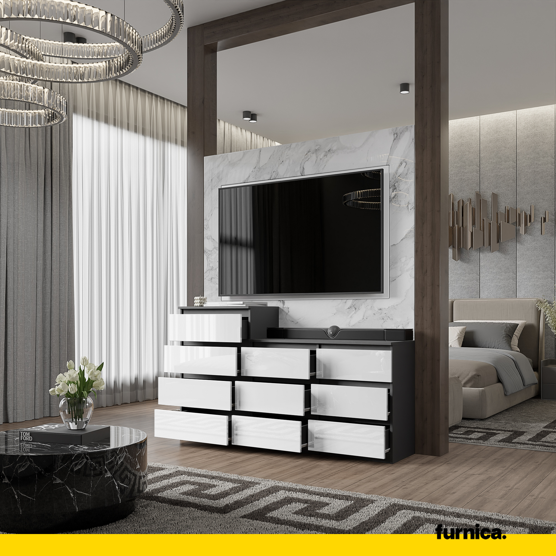 GABRIEL - Komoda s 10 zásuvkami (6+4) - Skrinka na oblečenie do spálne - Antracit / Biely lesk - V92/70cm Š160cm H33cm (4)