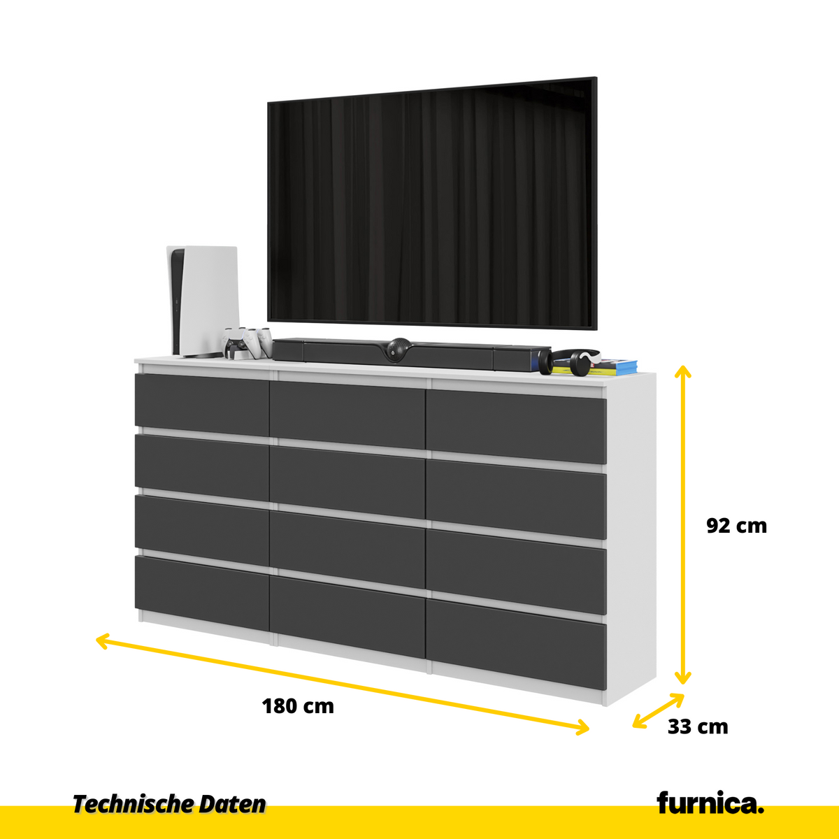 GABRIEL - Komoda s 12 zásuvkami (8+4) - Skrinka na oblečenie do spálne - Biela matná / Antracit - V92cm Š180cm H33cm (2)