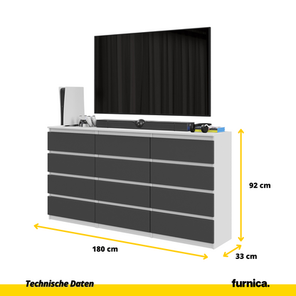 GABRIEL - Komoda s 12 zásuvkami (8+4) - Skrinka na oblečenie do spálne - Biela matná / Antracit - V92cm Š180cm H33cm (2)