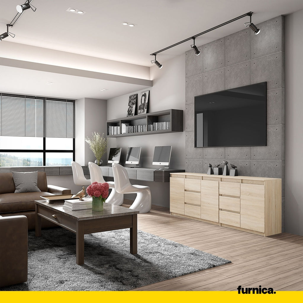 MIKEL - Komoda s 6 zásuvkami a 3 dverami - Skrinka na oblečenie do spálne - Sonoma dub - Výška 75 cm, šírka 200 cm, hĺbka 35 cm.