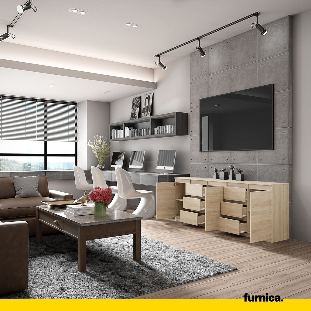 MIKEL - Komoda s 6 zásuvkami a 3 dverami - Skrinka na oblečenie do spálne - Sonoma dub - Výška 75 cm, šírka 200 cm, hĺbka 35 cm.