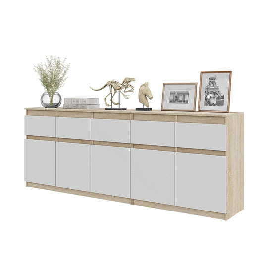 NOAH - Komoda s 5 zásuvkami a 5 dverami - Skrinka na oblečenie do spálne - Sonoma dub / Biela matná - V75cm Š200cm H35cm