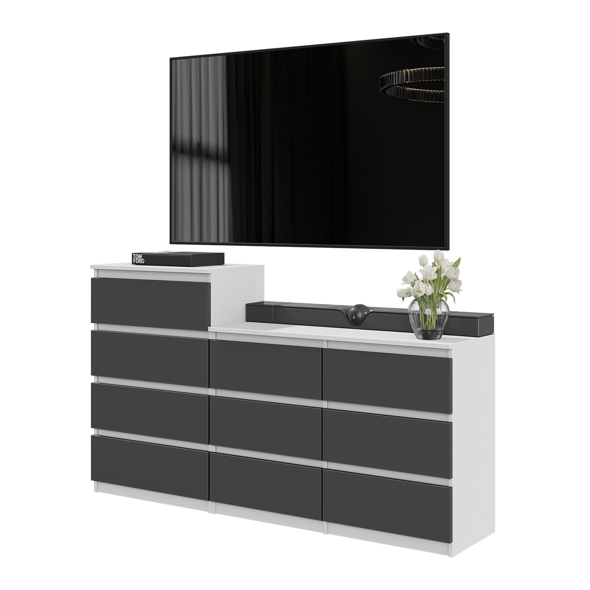 GABRIEL - Komoda s 10 zásuvkami (6+4) - Skrinka na oblečenie do spálne - Biela matná / Antracit - V92/70cm Š160cm H33cm