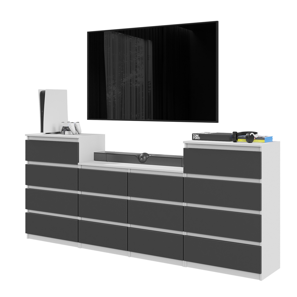 GABRIEL - Komoda s 14 zásuvkami (4+6+4) - Skrinka na oblečenie do spálne - Biela matná / Antracit - V92/70cm Š220cm H33cm